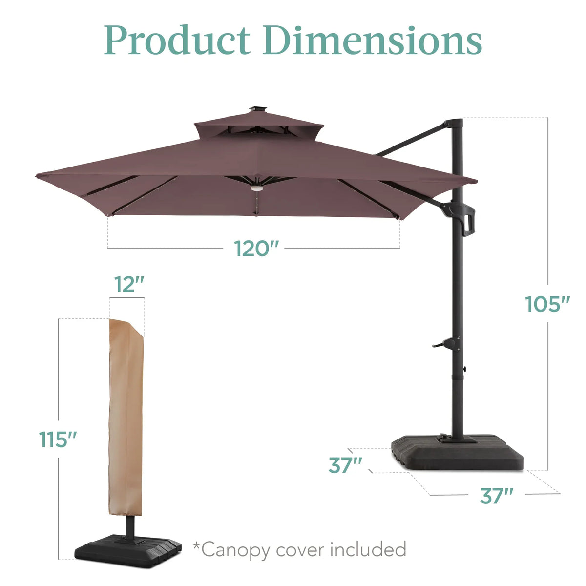 2026 NEW Best Choice Products 10x10ft 2-Tier Square Outdoor Solar LED Cantilever Patio Umbrella w/ Base Included - Tan
