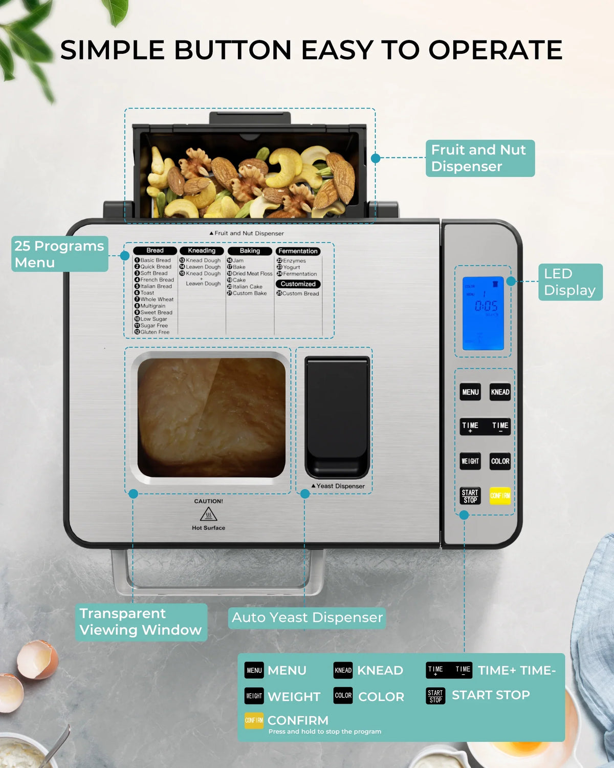 2026 NEW Simzlife 25-in-1 Bread Maker Machine, 2LB Capacity for Dough & Bread with Automatic Fruit and Nut Dispenser, Stainless Steel Construction