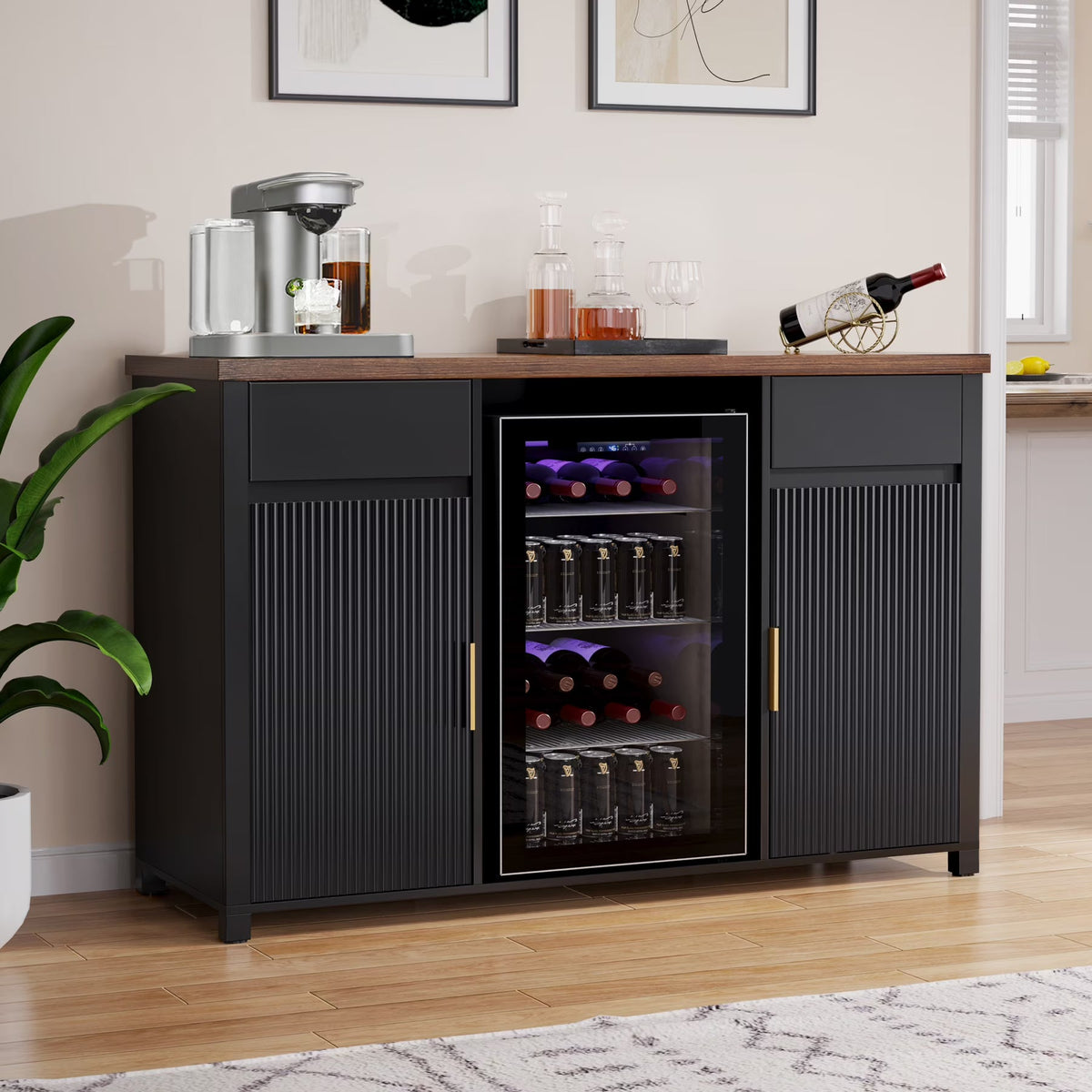 2026 NEW Coffee Bar Cabinet with Fridge Space, Mini Fridge Cabinet"Buffet Sideboard"53.2"L