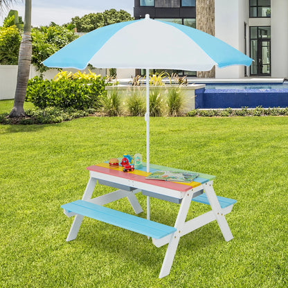 2026 NEW Costway 3-in-1 Kids Picnic Table Wooden Outdoor Sand & Water Table with Umbrella Play Boxes Green