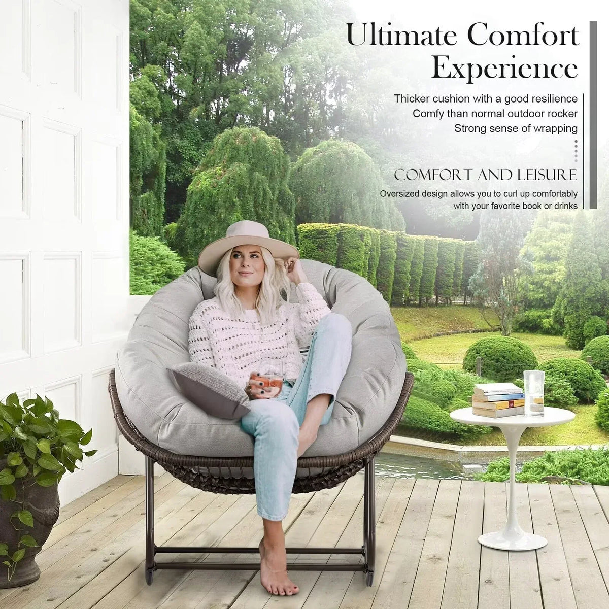 2026 NEW Outdoor Papasan Rocking Chair, Patio Oversized Wicker Egg Rocking Chair, Indoor & Outdoor Comfy Rocker Chair with Thick Cushion, Modern Lounge Chair for Front Porch, Garden, Backyard, Grey
