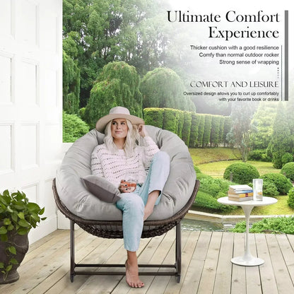 2026 NEW Outdoor Papasan Rocking Chair, Patio Oversized Wicker Egg Rocking Chair, Indoor & Outdoor Comfy Rocker Chair with Thick Cushion, Modern Lounge Chair for Front Porch, Garden, Backyard, Grey