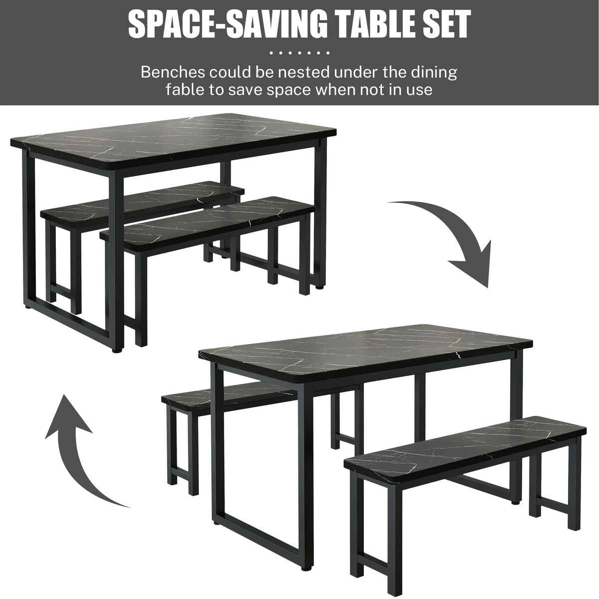 2026 NEW PORKISS Kitchen Table with 2 Benches, 3 Piece Dining Table Set, Dining Table with Faux Marble Table Top, Metal Frame, Black#