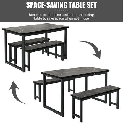 2026 NEW PORKISS Kitchen Table with 2 Benches, 3 Piece Dining Table Set, Dining Table with Faux Marble Table Top, Metal Frame, Black#