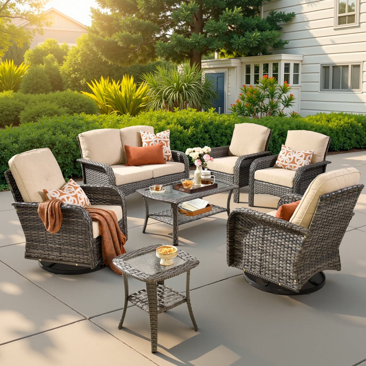 2026 NEW Ovios 5 Pieces Outdoor Patio Furniture Set High Back All Weather Wicker Conversation Set with Swivel Chairs & Coffee Table, Dark Gray