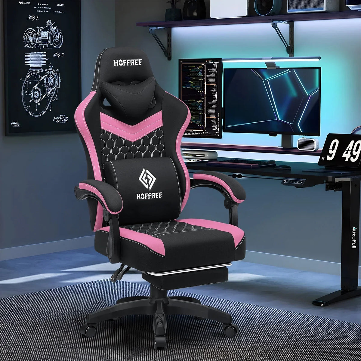 2026 NEW Hoffree Gaming Chair with Massage Fabric Office Chair with footrest for Adults, Ergonomic Gamer Chair with Headrest and Lumbar Support for Office Gaming, 440 LBS
