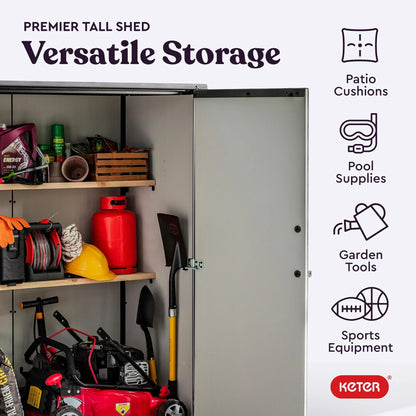 2026 NEW Keter Premier Tall Vertical Durable Resin Outdoor Storage Shed With Floor and Locking Double Doors, Grey