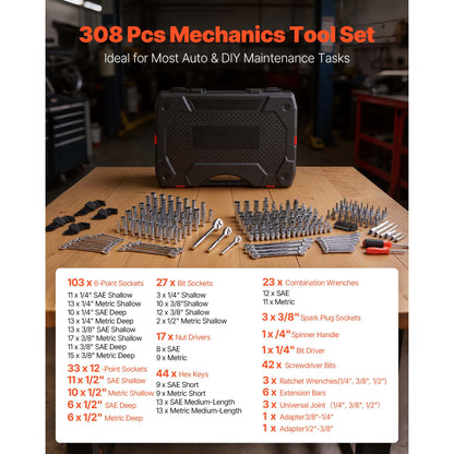 2026 NEW KFFKFF Mechanics Tool Set, 308-Piece Mechanic Tool Kit, 1/4 in, 3/8 in, and 1/2 in Drive, SAE and Metric Socket Set, Wrenches, Screwdriver Bits, Accessories, and Storage Case