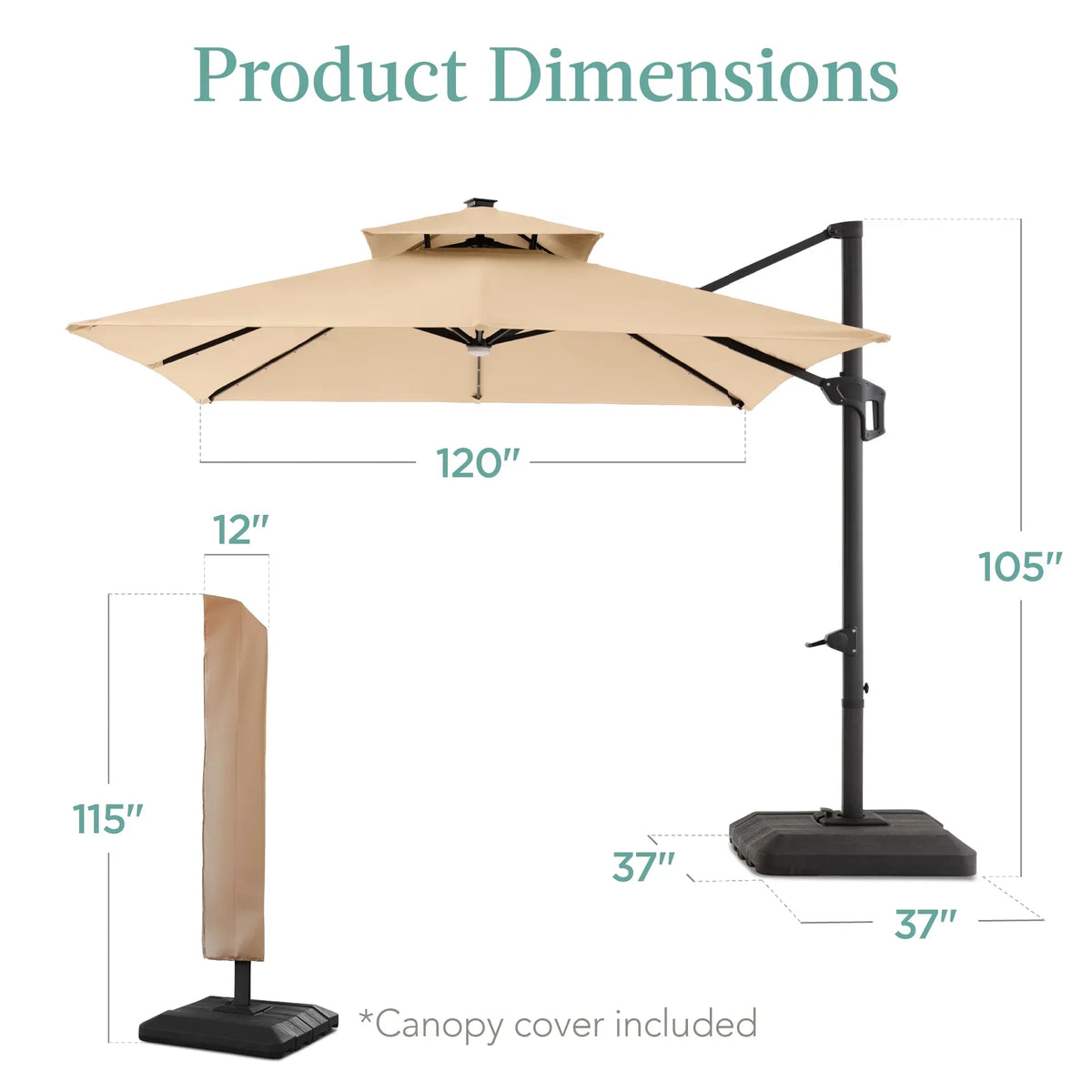 2026 NEW Best Choice Products 10x10ft 2-Tier Square Outdoor Solar LED Cantilever Patio Umbrella w/ Base Included - Tan