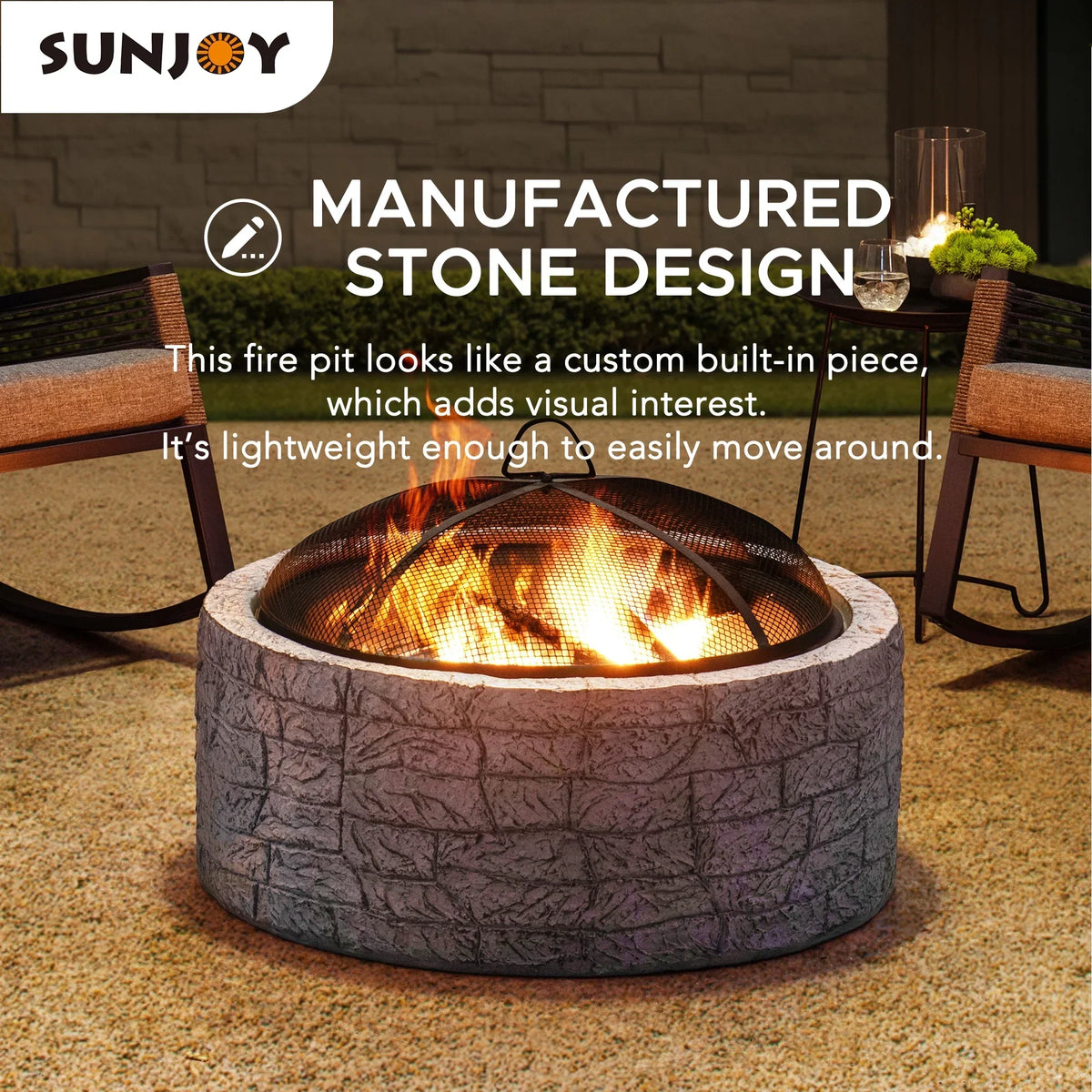 2026 NEW Sunjoy Stone Fire Pit 26 Inch, Outdoor Round Wood Burning Fire Pits with Spark Screen and Poker Grey