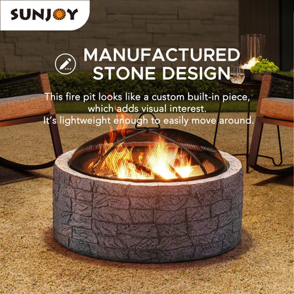 2026 NEW Sunjoy Stone Fire Pit 26 Inch, Outdoor Round Wood Burning Fire Pits with Spark Screen and Poker Grey