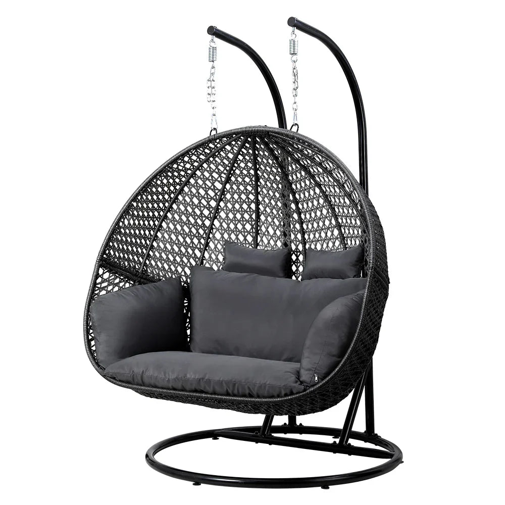Gardeon Outdoor Egg Swing Chair Wicker Furniture Pod Stand Cushion 2 Seater Grey