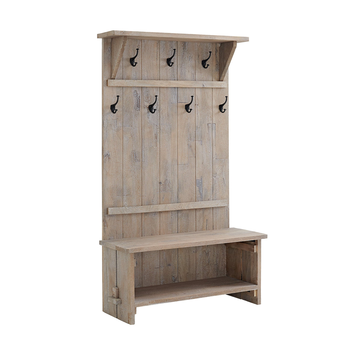 2026 NEW Alaterre Furniture Castleton 70 in. Hall Tree with Bench, Shelves & Coat Hooks -C Solid Mango Wood Entryway Organizer in Driftwood Finish