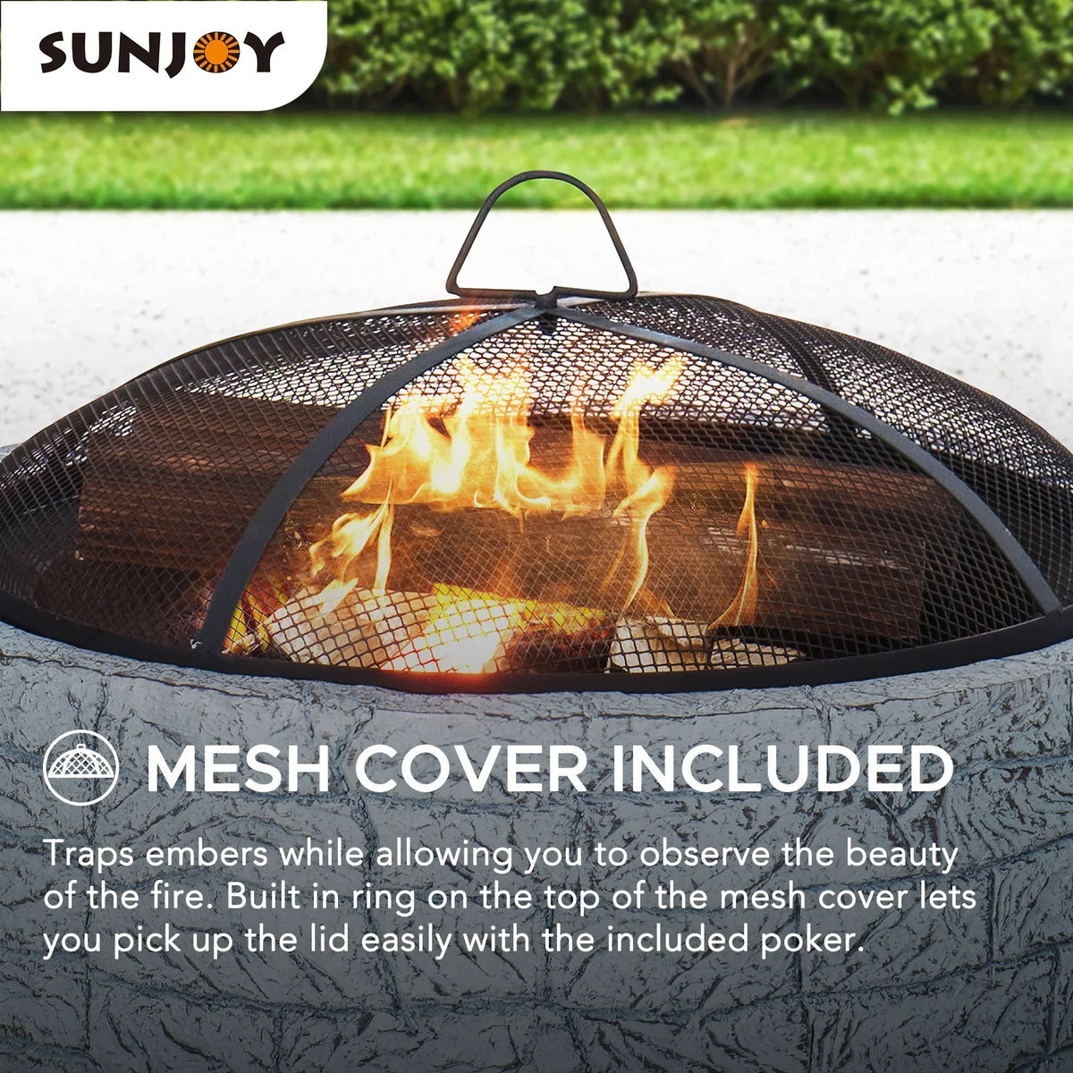 2026 NEW Sunjoy Stone Fire Pit 26 Inch, Outdoor Round Wood Burning Fire Pits with Spark Screen and Poker Grey