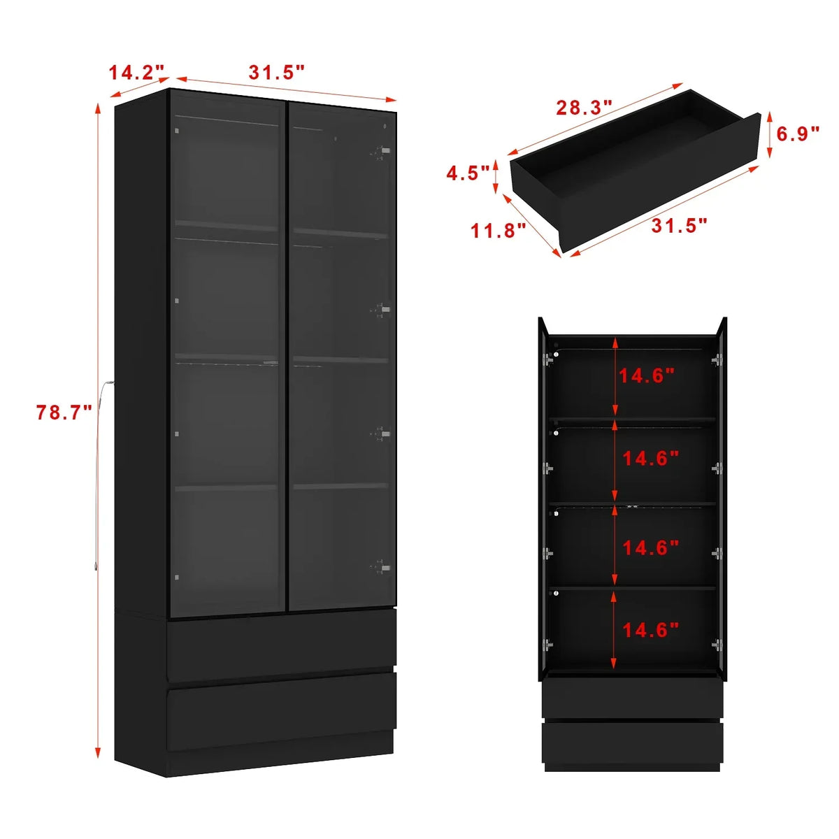2026 NEW KULAGAGA Bookcases Organizer with LED Lights, Heavy Duty Display Cabinet with Glass Door for Living Room, 31.5" Wide