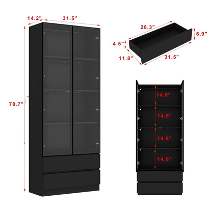 2026 NEW KULAGAGA Bookcases Organizer with LED Lights, Heavy Duty Display Cabinet with Glass Door for Living Room, 31.5" Wide