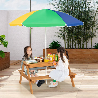 2026 NEW Costway 3-in-1 Kids Picnic Table Wooden Outdoor Sand & Water Table with Umbrella Play Boxes Green