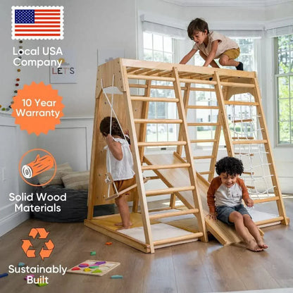 2026 NEW Avenlur Indoor Toddler and Child Indoor Gym Playground Climber - Real Wooden Playset 6-in-1 Slide, Rock Climb Wall, Rope Wall Climbing, Monkey Bars, Swing, Ladder Fun Gym for Children