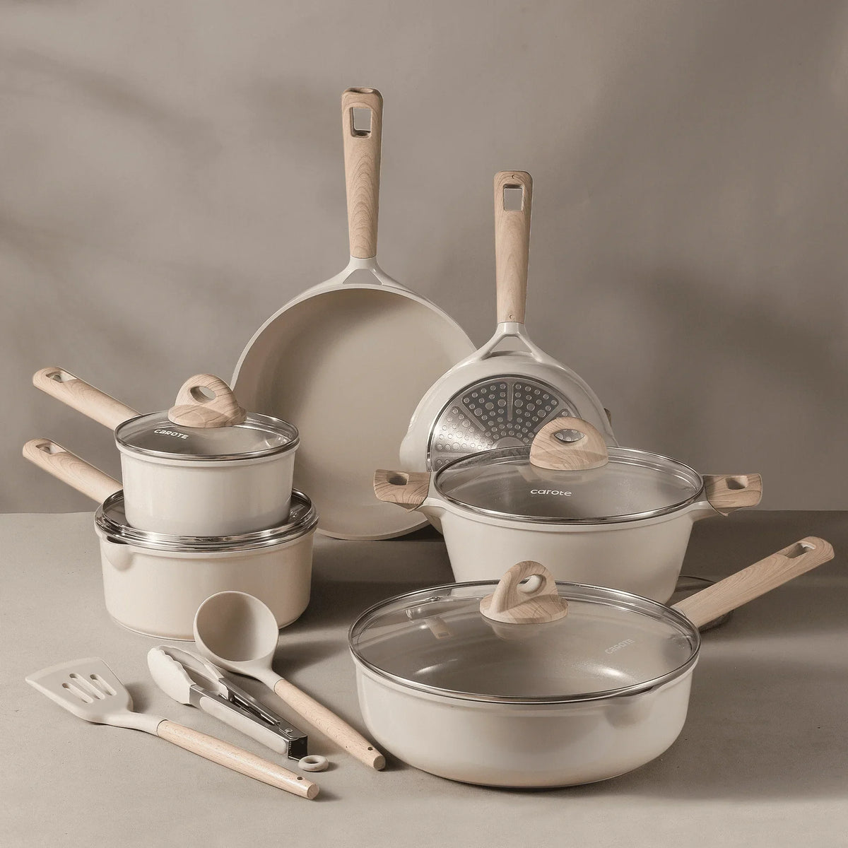 2026 NEW Carote Nonstick Pots and Pans Set, 13 Pieces Kitchen Cookware Sets Compatible for All Stoves, White Granite