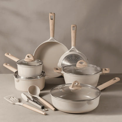 2026 NEW Carote Nonstick Pots and Pans Set, 13 Pieces Kitchen Cookware Sets Compatible for All Stoves, White Granite