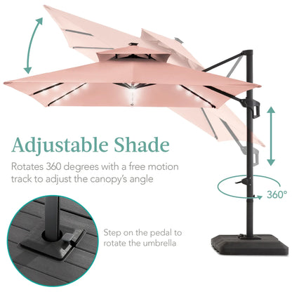 2026 NEW Best Choice Products 10x10ft 2-Tier Square Outdoor Solar LED Cantilever Patio Umbrella w/ Base Included - Tan