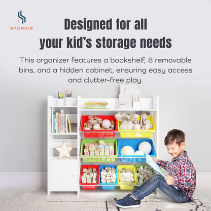 2026 NEW Sturdis Kids Toy Storage Organizer With Bookshelf and White Bins
