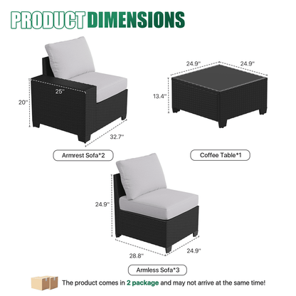 2026 NEW Clouddwell 6-Piece Outdoor Patio Set, 8-Inches Widen Armrest, All-Weather Wicker Sectional with Coffee Table, Grey