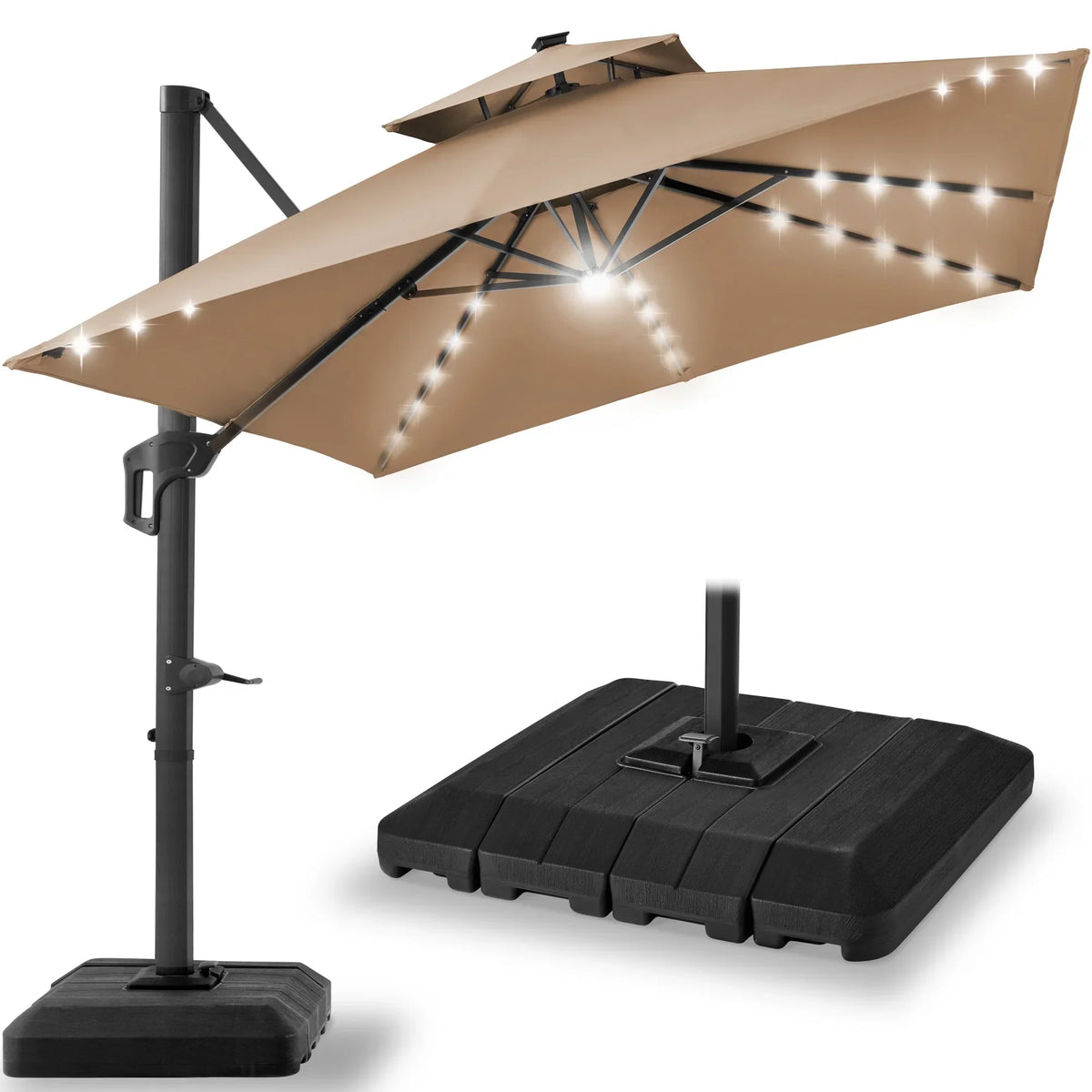 2026 NEW Best Choice Products 10x10ft 2-Tier Square Outdoor Solar LED Cantilever Patio Umbrella w/ Base Included - Tan