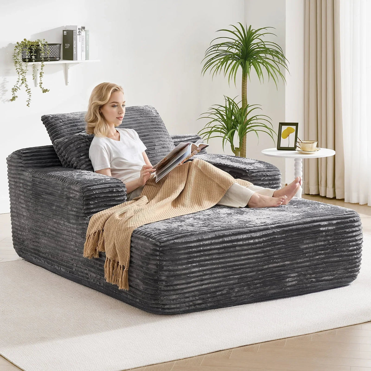 2026 NEW 65" Corduroy Cloud Sleeper Chaise Lounge Chair, No Assembly Sofa Bed with Pillows, Beige