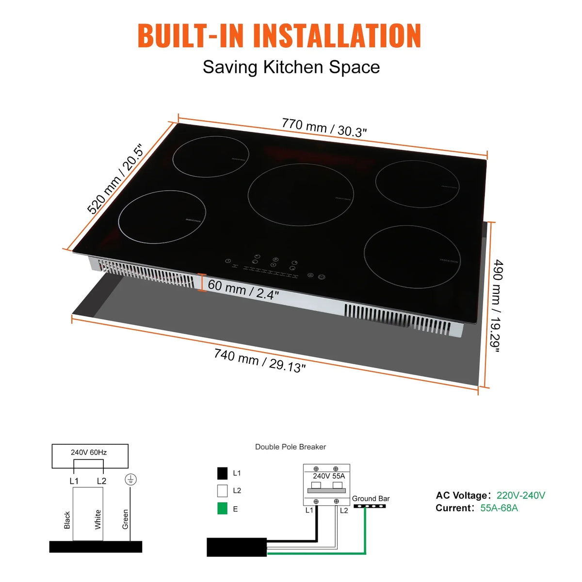 2026 NEW KFFKFF Electric Range, 5 Elements, 30'' Built-in Induction Cooking Surface, 9200W, 9 Power Settings, LED Display, Safety Lock & Heat Guard