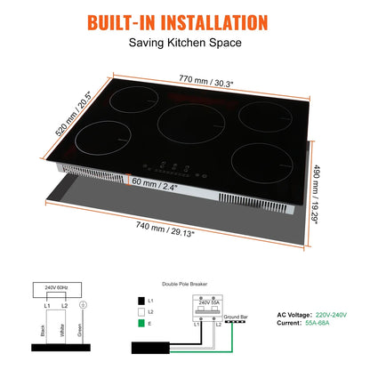 2026 NEW KFFKFF Electric Range, 5 Elements, 30'' Built-in Induction Cooking Surface, 9200W, 9 Power Settings, LED Display, Safety Lock & Heat Guard