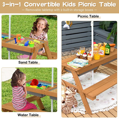 2026 NEW Costway 3-in-1 Kids Picnic Table Wooden Outdoor Sand & Water Table with Umbrella Play Boxes Green