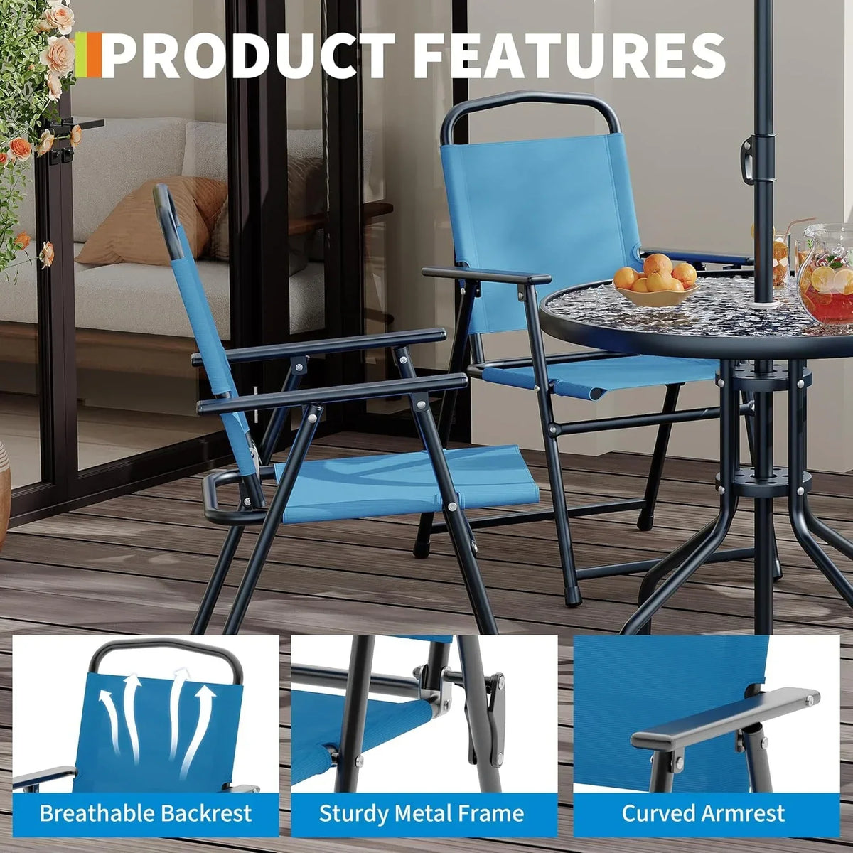 2026 NEW 6 Pieces Outdoor Dining Set With Umbrella, Patio Table and 4 Folding Chairs With Umbrella, Garden Patio Furniture Set With Umbrellas, Tempered Glass Top Dining Table