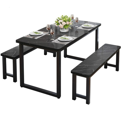2026 NEW PORKISS Kitchen Table with 2 Benches, 3 Piece Dining Table Set, Dining Table with Faux Marble Table Top, Metal Frame, Black#