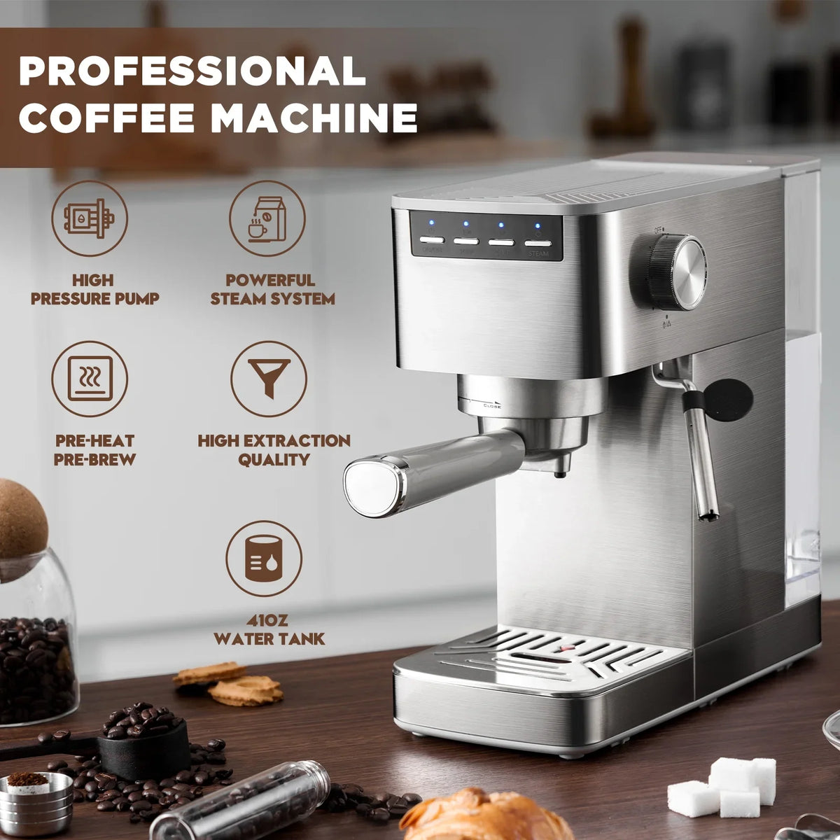 2026 NEW Auertech Espresso Machine Cappuccino Coffee Maker with Milk Frother, Steamer & 41 oz Water Tank, New