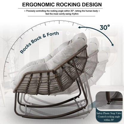 2026 NEW Outdoor Papasan Rocking Chair, Patio Oversized Wicker Egg Rocking Chair, Indoor & Outdoor Comfy Rocker Chair with Thick Cushion, Modern Lounge Chair for Front Porch, Garden, Backyard, Grey