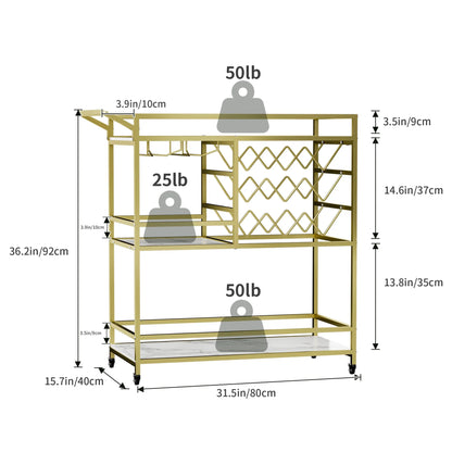 2026 NEW WHIFEA 3-Tier Home Bar Cart with Wine Rack, Mobile Serving Wine Cart on Wheels, Modern Rolling Drink Trolley for Coffee Tea Wine
