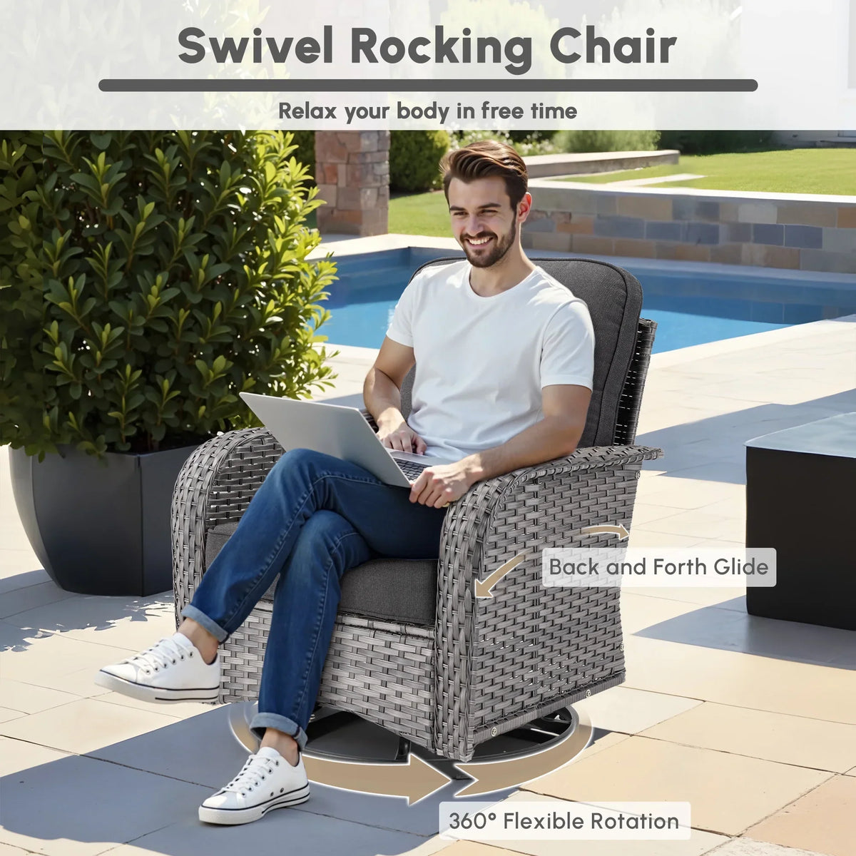 2026 NEW Ovios 5 Pieces Outdoor Patio Furniture Set High Back All Weather Wicker Conversation Set with Swivel Chairs & Coffee Table, Dark Gray
