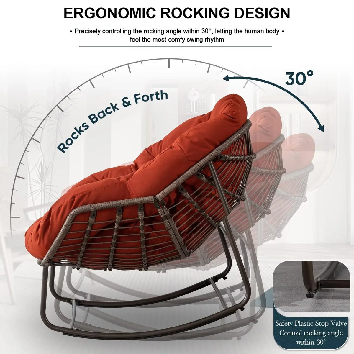 2026 NEW Outdoor Papasan Rocking Chair, Patio Oversized Wicker Egg Rocking Chair, Indoor & Outdoor Comfy Rocker Chair with Thick Cushion, Modern Lounge Chair for Front Porch, Garden, Backyard, Grey