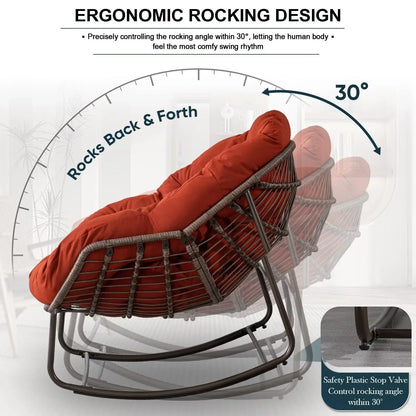 2026 NEW Outdoor Papasan Rocking Chair, Patio Oversized Wicker Egg Rocking Chair, Indoor & Outdoor Comfy Rocker Chair with Thick Cushion, Modern Lounge Chair for Front Porch, Garden, Backyard, Grey
