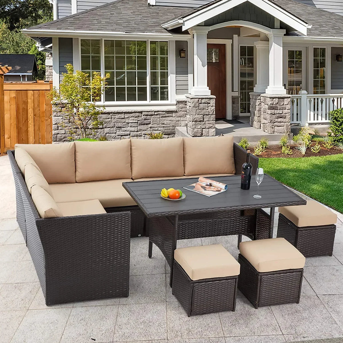 2026 NEW AECOJOY 7 Piece Patio Furniture Set PE Rattan Outdoor Dining Set Sectional Sofa Couch with Table Patio Conversation Set in Gray