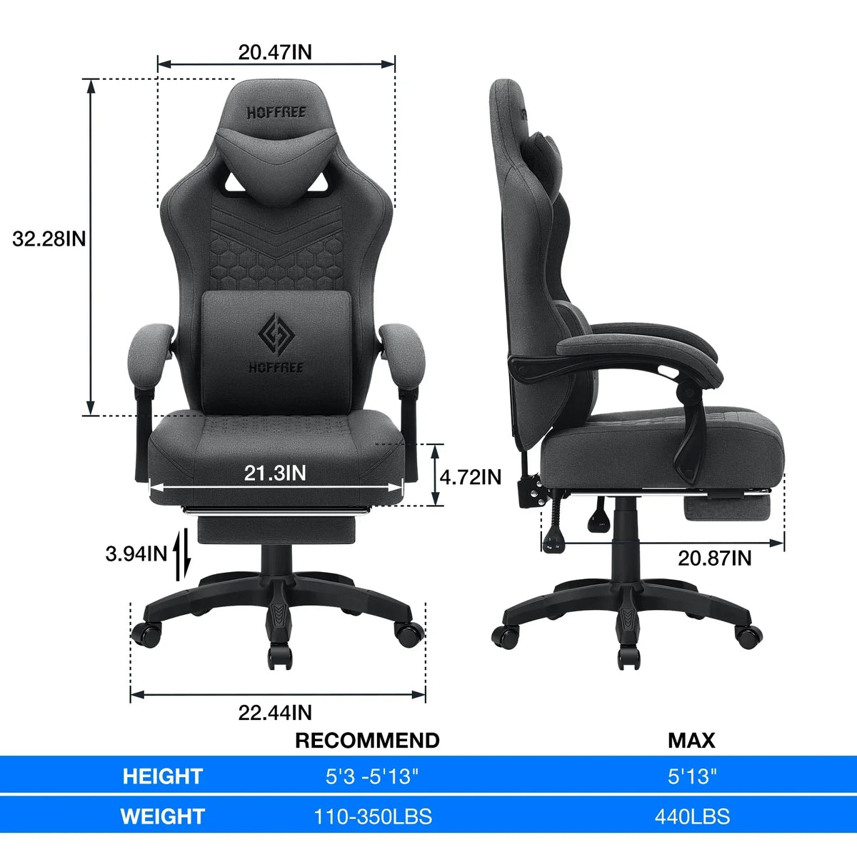 2026 NEW Hoffree Gaming Chair with Massage Fabric Office Chair with footrest for Adults, Ergonomic Gamer Chair with Headrest and Lumbar Support for Office Gaming, 440 LBS