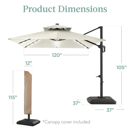 2026 NEW Best Choice Products 10x10ft 2-Tier Square Outdoor Solar LED Cantilever Patio Umbrella w/ Base Included - Tan