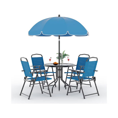 2026 NEW 6 Pieces Outdoor Dining Set With Umbrella, Patio Table and 4 Folding Chairs With Umbrella, Garden Patio Furniture Set With Umbrellas, Tempered Glass Top Dining Table