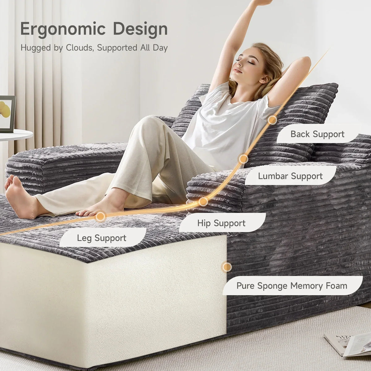 2026 NEW 65" Corduroy Cloud Sleeper Chaise Lounge Chair, No Assembly Sofa Bed with Pillows, Beige