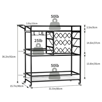 2026 NEW WHIFEA 3-Tier Home Bar Cart with Wine Rack, Mobile Serving Wine Cart on Wheels, Modern Rolling Drink Trolley for Coffee Tea Wine