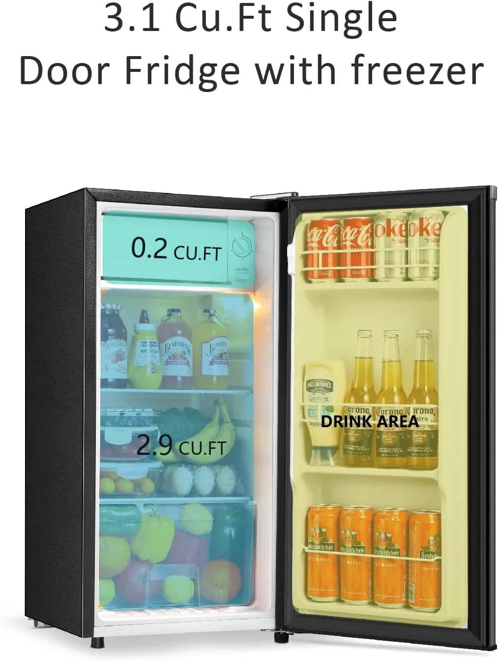 2026 NEW Seaoola Mini Fridge with Freezer, Single Door 4.4 Cu.Ft, Compact Mini Refrigerator, LED Light, Adjustable Thermostat, Removable Glass Shelves, Small Refrigerator for Dorm/Office/Bedroom(Black)