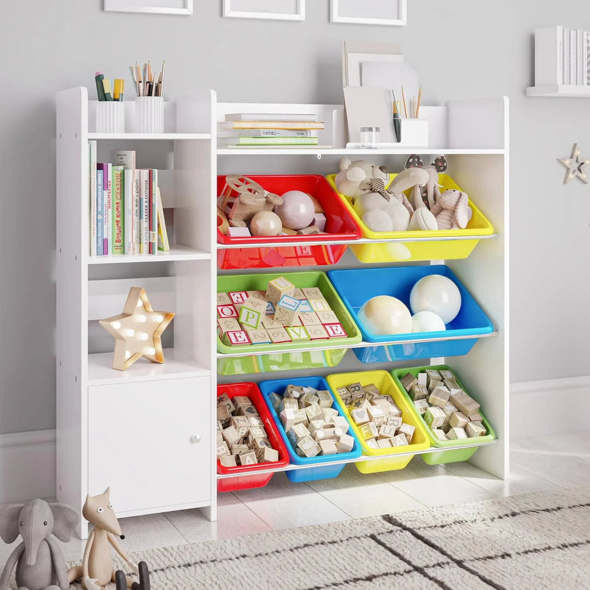 2026 NEW Sturdis Kids Toy Storage Organizer With Bookshelf and White Bins