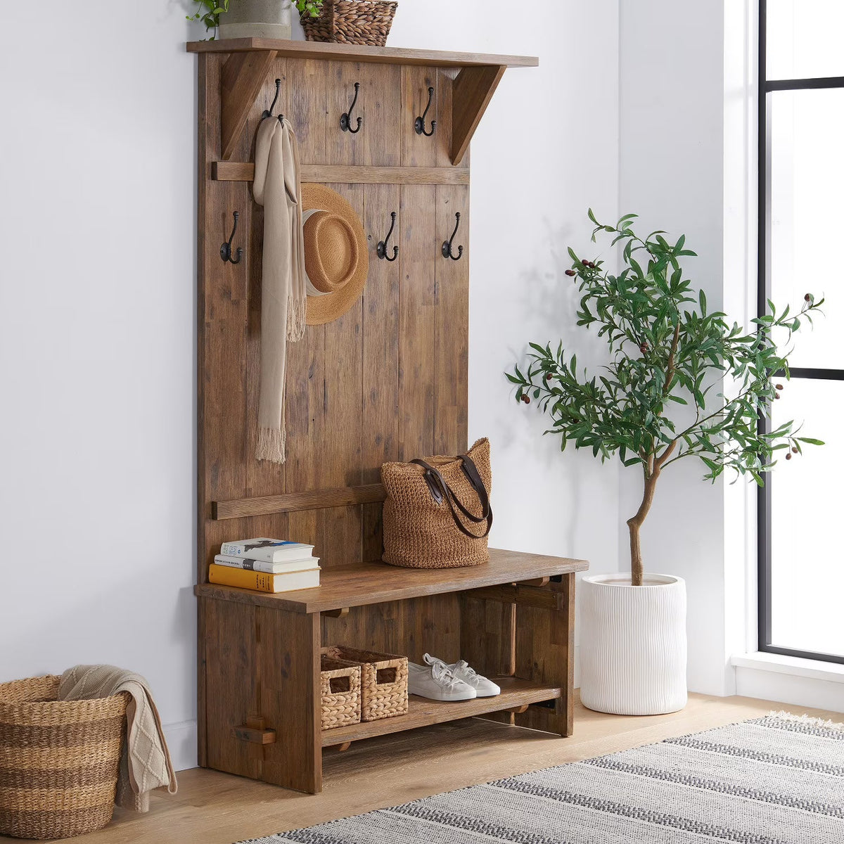 2026 NEW Alaterre Furniture Castleton 70 in. Hall Tree with Bench, Shelves & Coat Hooks -C Solid Mango Wood Entryway Organizer in Driftwood Finish