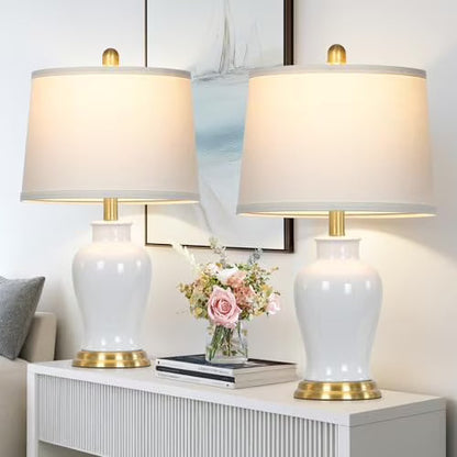 2026 NEW Modern Ceramic Table Lamps Set of 2, 23" White Ceramic Lamps for Living Room, Rustic Farmhouse Bedside Lamp with Ginger Jar Design, Elegant Bedroom Lamp for Nightstand Desk Side End Table Home Decor